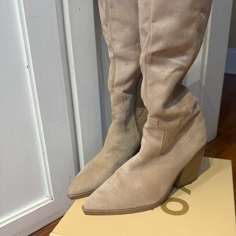 Suede Knee-High Pointed Toe Block Heel Boots - Beige